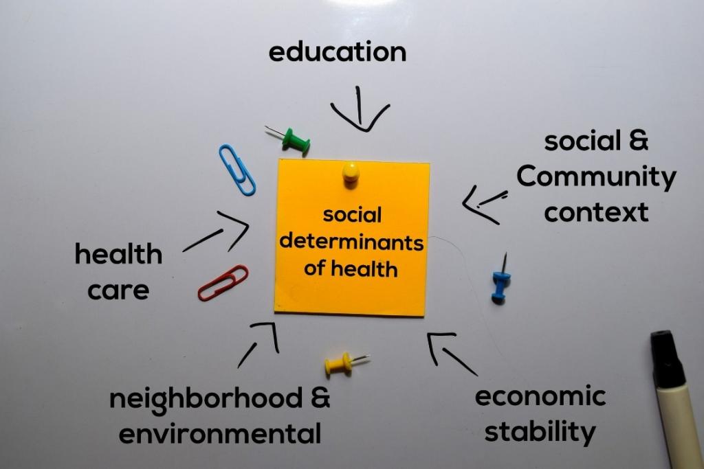 white board with post it explaining social determinants of health